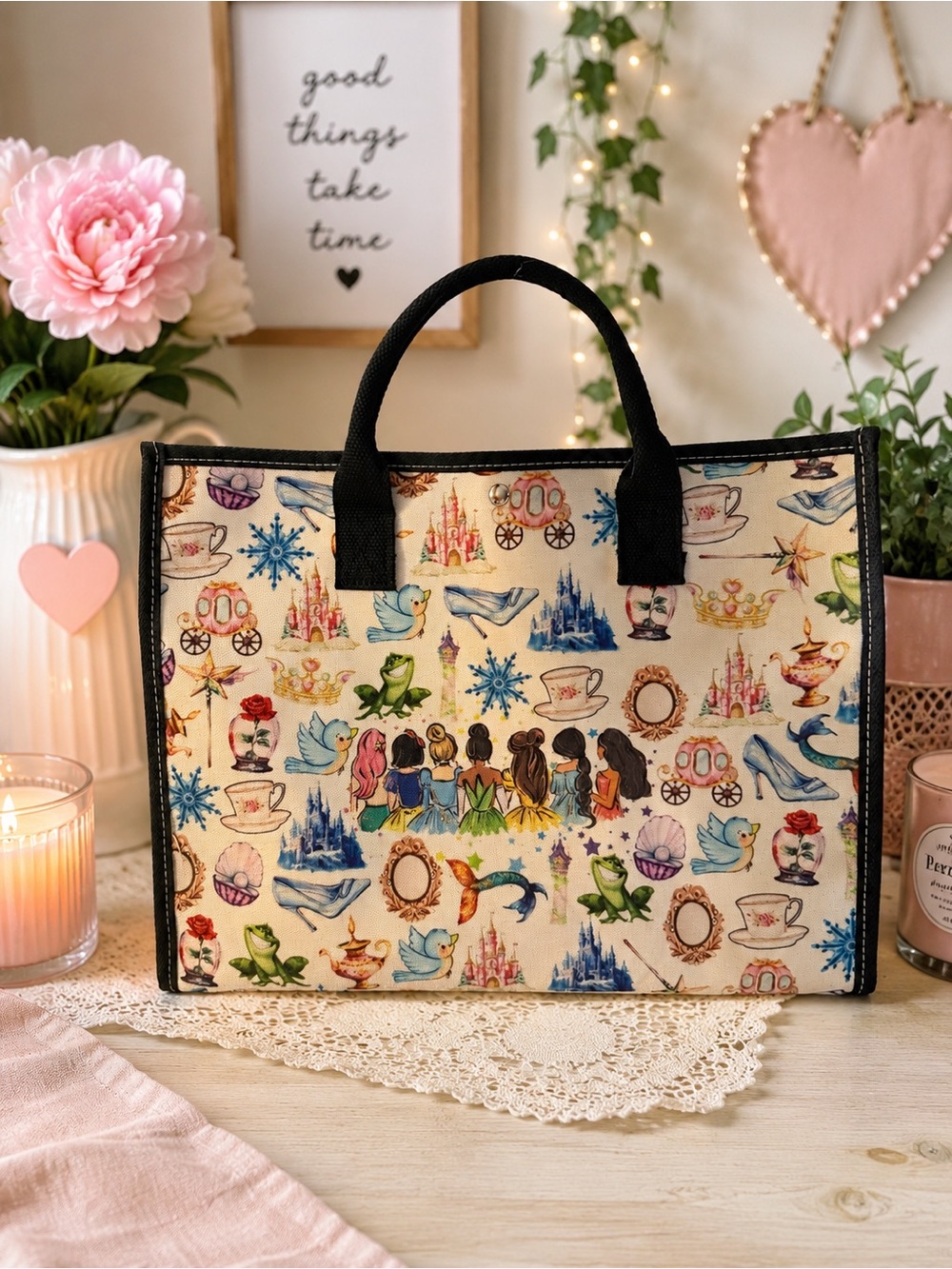 Princess Motif Canvas Tote Bag in Cream with Black Handles